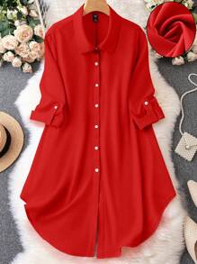 DreamSkyne Plus Size Women's Solid Color Lapel Button Half Sleeve Dress For New Year Clothes - Red - View 5