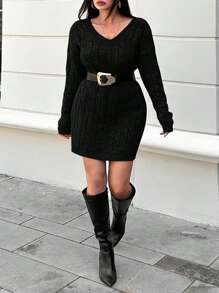 EURMUSE Plus Size Cable Knit Sweater Dress With V-Neckline, For Winter - Black - View 4