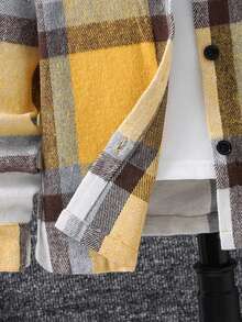 SHEIN 男孩休閒連帽格紋襯衫,多用途風格適用於日常穿著和校園風格 - 黃色 - 查看 4