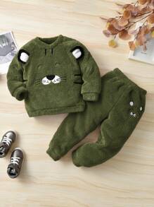 SHEIN 少年卡通刺繡下落肩運動服和長褲組合套裝 - 墨綠色 - 查看 1