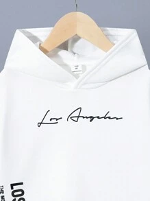 SHEIN 休闲芥末黄字母印花连帽针织卫衣，适合青少年男孩，秋冬季，洛杉矶卫衣，白色印花卫衣，冬季，秋季 - 白色 - 查看 5