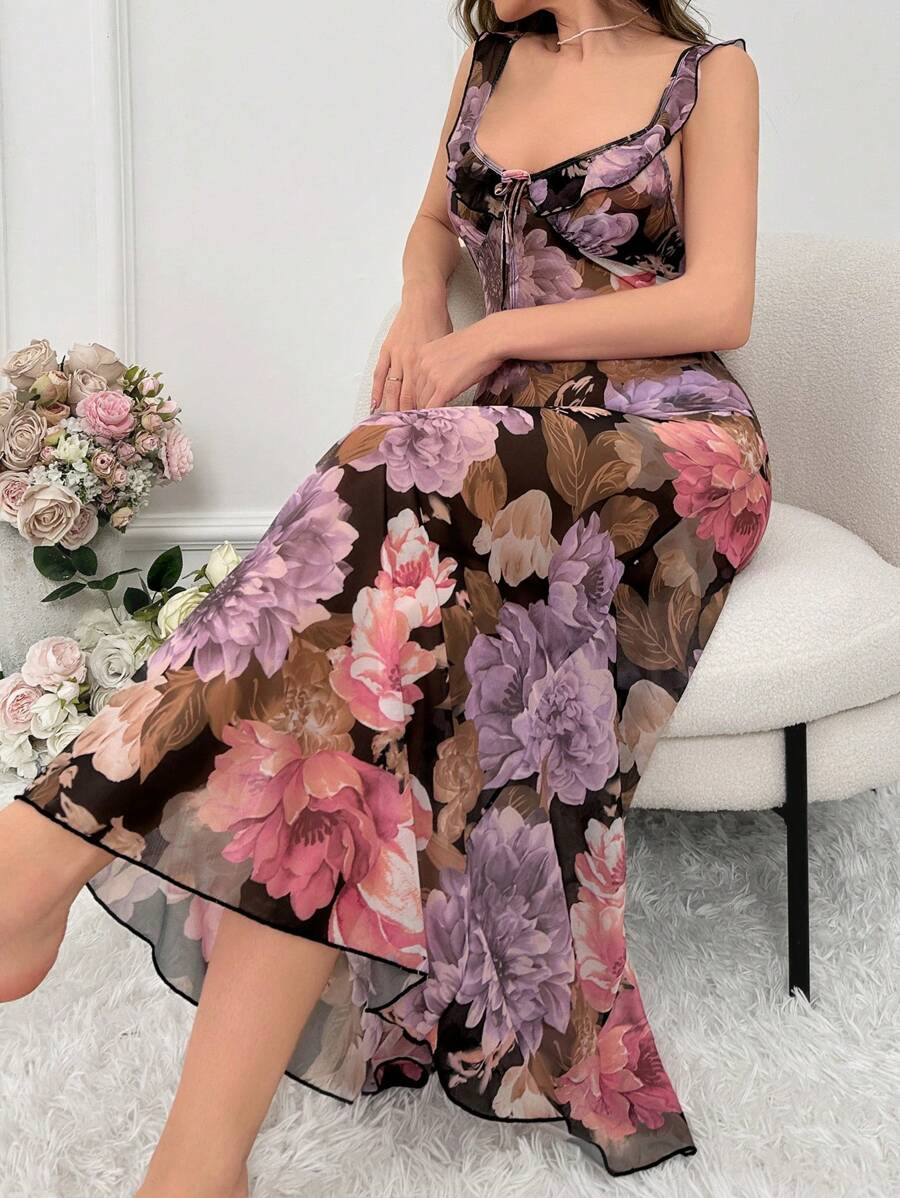 Slumberist Vestido largo de pijama con estampado floral, volantes y malla, perfecto para el verano - Negro - Ver 1
