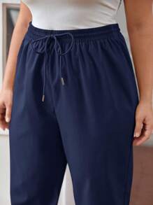 SHEIN Frenchy Plus Drawstring Waist Pants - Navy Blue - View 3