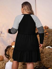 SHEIN LUNE Talla grande Vestido de rayas & estampado de calabaza de manga raglán bajo con fruncido - Negro - Ver 2