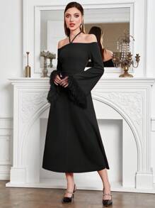 Modelyn Women's Off Shoulder Furry Sleeve Cuff Bodycon Dress - Black - View 6