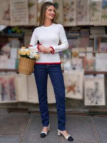 SHEIN Frenchy 撞色荷葉邊下擺插肩袖毛衣 - 白色 - 查看 9