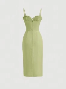 SHEIN MOD Frill Trim Tie Front Asymmetrical Ruffle Hem Cami Dress - Green - View 2