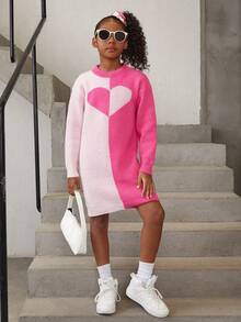 SHEIN 女大童愛心圖案雙色落肩袖毛衣洋裝 - 玫紅色 - 查看 4