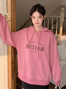 Dazy Star Đồ họa Chữ cái Thả vai Dây rút Hoodie - Hồng - Xem 6