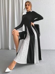 SHEIN Privé 女士拼接蕾絲大擺搖擺裙 - 黑色 - 查看 4