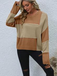SHEIN LUNE Women'S Color Block Drop Shoulder Sweater Knit Pullover Fall Winter Outfit - Khaki - View 4
