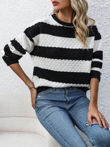 SHEIN LUNE 雙色條紋落肩毛衣套頭衫 - 黑與白 - 查看 6
