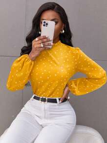 SHEIN Clasi Women's Heart Print Lantern Sleeve Shirt With Frill Collar - Yellow - View 4