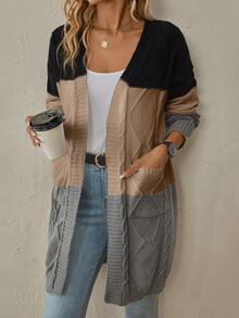 SHEIN Clasi 毛線編織拼接針織開衫 - 棕色 - 查看 3