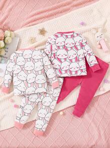 嬰兒女童貼身可愛兔子印花兩件套裝 - 彩色 - 查看 2