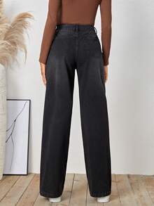 SHEIN LUNE 女性貓須細節牛仔褲 - 黑色 - 查看 2