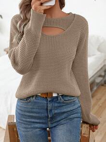 Áo len nữ tay dài cổ tròn màu trơn, thiết kế khoét rỗng, kiểu dáng thường ngày. - Màu Khaki - Xem 4