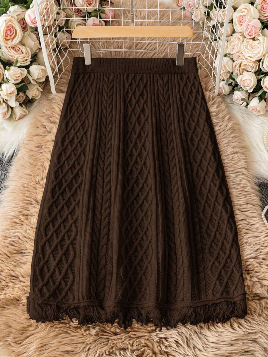 SHEIN LUNE Plus Cable Knit Sweater Skirt - Coffee Brown - View 1