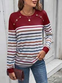 SHEIN LUNE Đồ họa sọc Nút Nghệ Embellished Áo thun - Đỏ - Xem 4