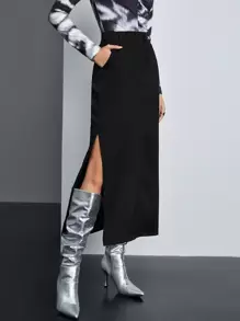 BizChic 純色高開衩半身裙 - 黑色 - 查看 1