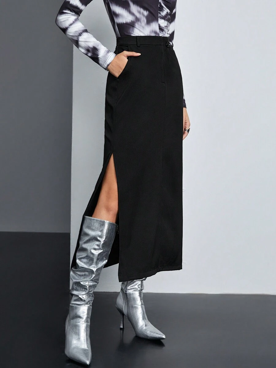 BizChic 純色高開衩半身裙 - 黑色 - 查看 1