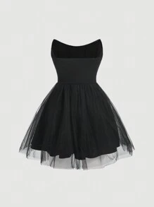 SHEIN MOD Solid Contrast Mesh Flare Hem Tube Dress - Black - View 2