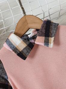 SHEIN 少女格子印花拼接領子裙,不帶腰帶 - 粉色 - 查看 4