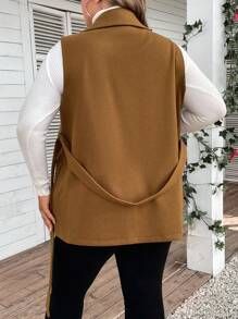 EMERY ROSE Plus Shawl Collar Belted Vest Overcoat - Brown - View 2