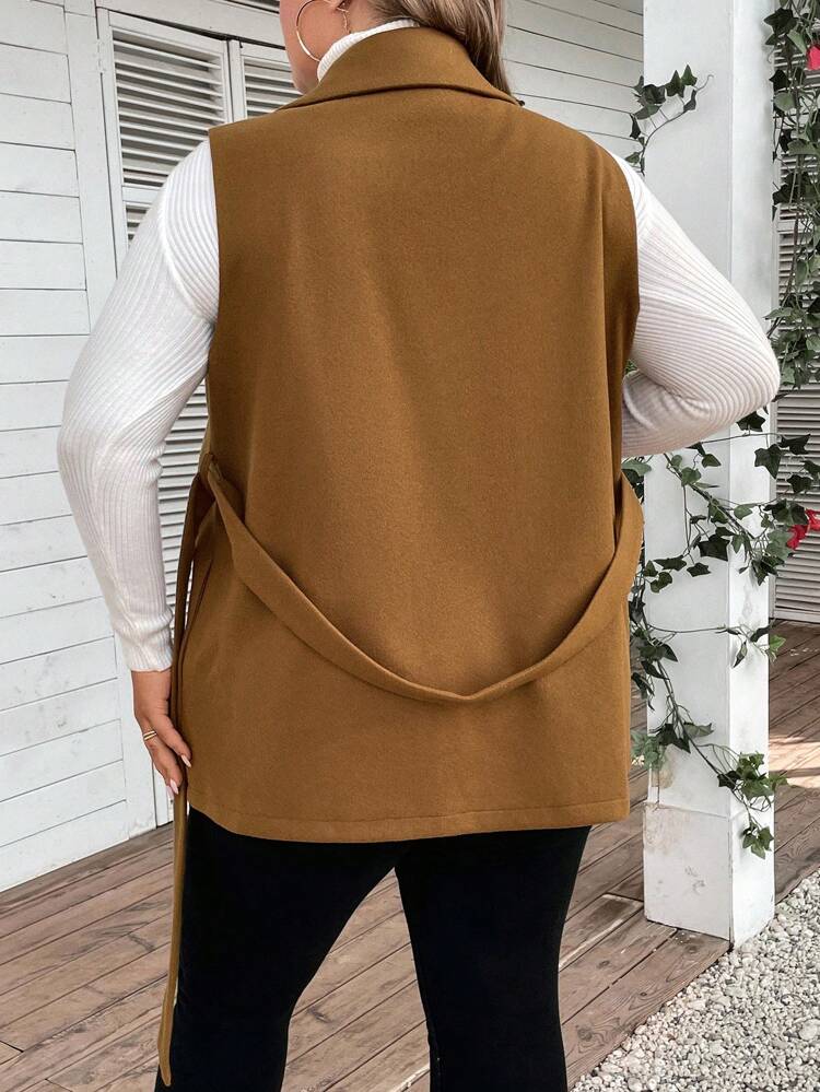 Plus Shawl Collar Belted Vest Overcoat
