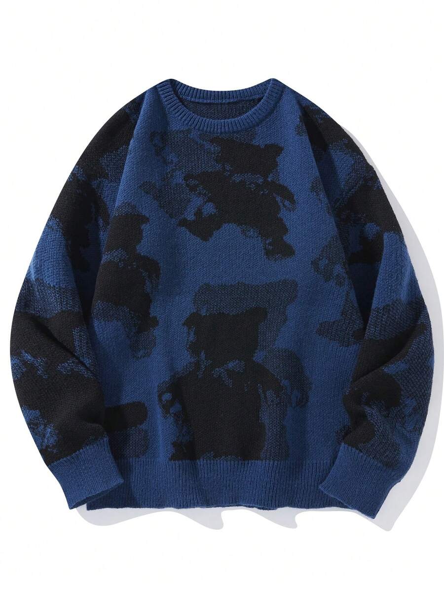 Manfinity Hypemode Suéter De Cuello Redondo Con Estampado De Dibujos Animados Holgado Para Hombre - azul real - Ver 1