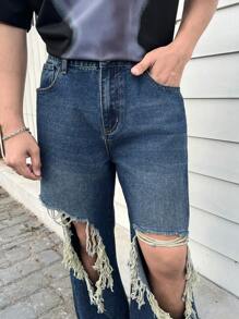 Manfinity Roghcode Men's Distressed Wide Leg Jeans With Washed Effect - Blue - View 3