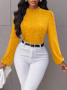 SHEIN Clasi Women's Heart Print Lantern Sleeve Shirt With Frill Collar - Yellow - View 3