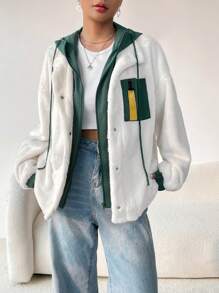 Muchica 鈕扣和拉鍊前設計的羊毛毛皮連帽外套,側口袋設計 - 白色 - 查看 1