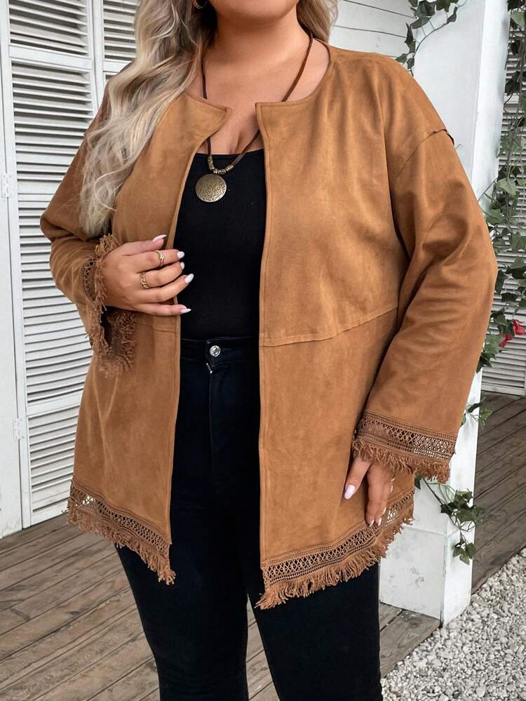 レディース プラスサイズ フリンジエッジ ドロップショルダー スリーブジャケット