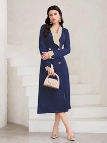 Modelyn Double-Breasted Women's Dress Maxi Women Outfit - Navy Blue - View 3