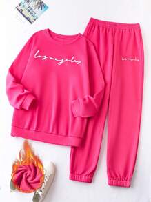 Calvaya Plus Size Autumn/Winter Casual Letter Print Sweatshirt & Sweatpants 2Pcs Set, Thermal Lined - Hot Pink - View 1