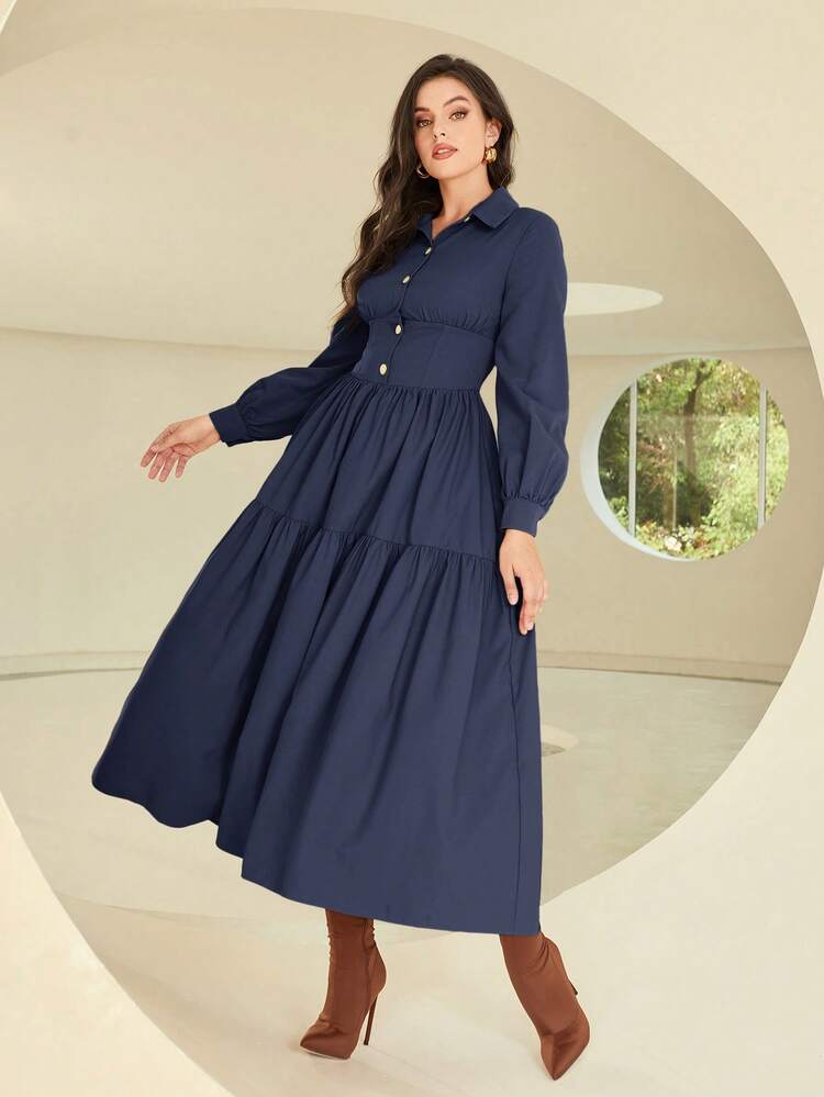 Lantern Sleeve Ruffle Hem Shirt Dress