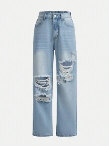 少女們的破損直筒牛仔褲 - 中等水洗藍 - 查看 1