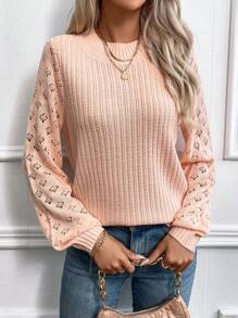 SHEIN Essnce Open Knit Sleeve Sweater - Pink - View 4