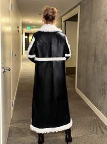 SHEIN ICON Của phụ nữ Sang trọng chất liệu da PU Khối màu Dài áo - màu đen - Xem 5