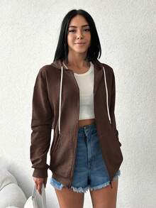EURMUSE Solid Color Drawstring Zip-up Hoodie - Brown - View 4