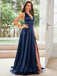 MUXXN 1950年代复古V领露背缎面鸡尾酒礼服，优雅正式晚礼服，适合婚礼宾客、毕业典礼、宴会及其他场合。