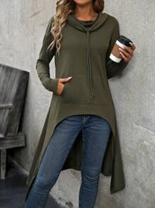 Drawstring Hooded Sweatshirt With Short Front And Long Back Hem - Army Green - View 4
