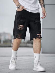 Manfinity EMRG Men Cotton Ripped Raw Hem Denim Shorts Plain Denim Jorts Vacation Baggy Black Denim Shorts, For Husband, Boyfriend Gifts