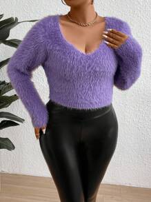 Celure Cổ chữ V Thon gọn Ngắn Chiều dài Áo len Với Dài Tóc - Màu Lilac Tím - Xem 3