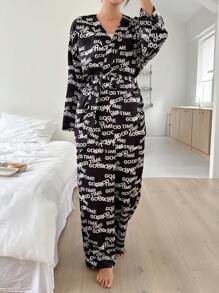 DAZY 1pc Letter Graphic Belted Robe and 1pc Pants PJ Set - Black and White - View 8