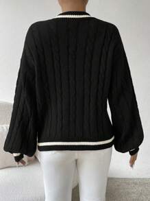 Chiquease Lantern Sleeves Striped Cable Knit Sweater,Long Sleeve Tops