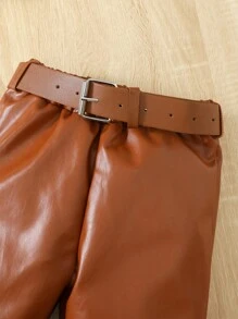 SHEIN 女小童泡泡袖T恤&腰帶PU皮革長褲 - 棕色 - 查看 5