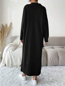 EURMUSE Màu thuần Cổ chữ V Thả vai Đầm Áo len - màu đen - Xem 2