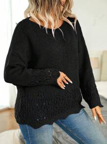 Calvaya 大码纯色镂空落肩针织套头毛衣，适合秋冬季节穿着 - 黑色 - 查看 7